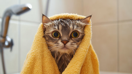 A cat with a towel wrapped around it after a bath, with a slightly damp fur and a content expression, showcasing the end of a refreshing bath session.の素材