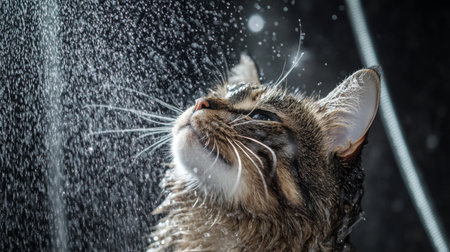 A cat being bathed with a shower spray, with water droplets flying around and a bath mat underneath, highlighting the playful yet essential pet care routine.の素材