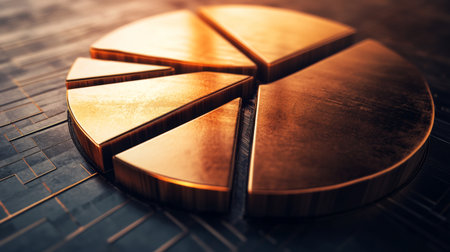 A close-up of a 3D pie chart with metallic textures, its sections separated slightly to emphasize financial data distribution in business analysis.の素材
