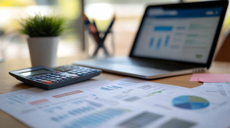 A close-up of a financial planner desk with a variety of banking documents, a calculator, and a laptop displaying financial software, illustrating financial planning activities.の素材