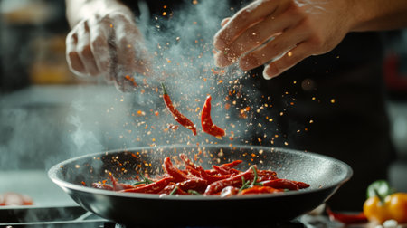 A chef preparing a spicy dish with chili peppers, showcasing the process of slicing and adding them to a sizzling pan in a well-lit kitchenの素材