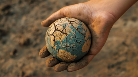 A close-up of a hand holding a cracked and dried globe, symbolizing the fragility of the Earth in the face of global warming and climate change.の素材