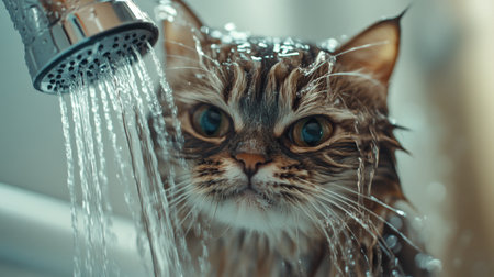 A close-up of a cat with a wet coat, being pampered with a gentle wash under a handheld shower head, capturing the bond between pet and owner.の素材