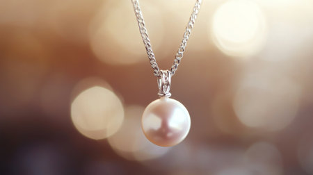A close-up of a pearl pendant hanging from a delicate chain, captured with soft-focus lighting to highlight its simple beauty and graceの素材