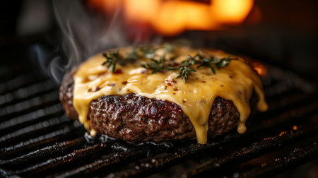 A close-up of a juicy burger patty being grilled, with melted cheese and fresh toppings, emphasizing the delicious, sizzling meat.の素材