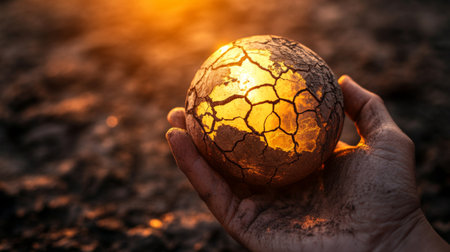 A close-up of a hand holding a cracked and dried globe, symbolizing the fragility of the Earth in the face of global warming and climate change.の素材