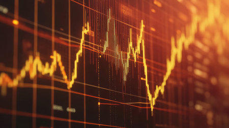 A close-up of a gold price chart on a digital screen, with candlestick patterns and trend lines clearly visible, and a backdrop of financial news.の素材