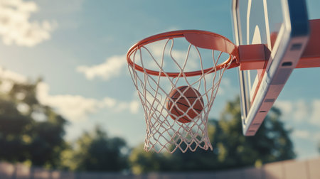 A close-up of a basketball hoop with the ball just about to go through the net, captured in mid-air with a blurred background of a basketball courtの素材