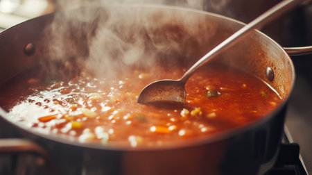 A close-up of a bubbling pot of soup on the stove, with steam rising and a ladle stirring the mixture, showcasing the cooking processの素材