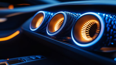 A close-up of a car speaker system with LED lighting effects, set against a backdrop of a sleek, modern vehicle interior and ambient lighting.の素材