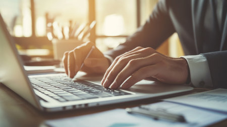 A close-up of a young businessman hands typing on a laptop keyboard, with a focus on detailed work documents and office accessories on his desk.の素材