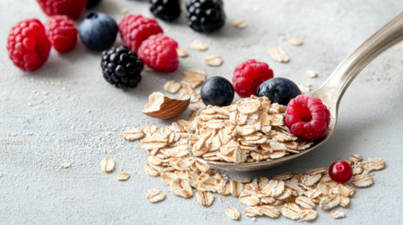 A close-up of rolled oats and a spoon, with a sprinkling of fresh berries and nuts on a white surface, highlighting the nutritious and versatile nature of the grains.の素材