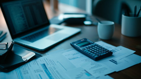 A close-up of a financial planner desk with a variety of banking documents, a calculator, and a laptop displaying financial software, illustrating financial planning activities.の素材