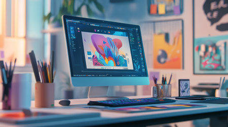 A close-up of a designer's workspace featuring a computer screen with a vibrant graphic design in progress, surrounded by digital tablets and creative toolsの素材