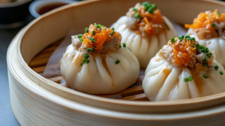 A close-up of fluffy steamed bao buns with various fillings and a side of siu mai, showcasing the texture and deliciousness of these traditional treats.の素材