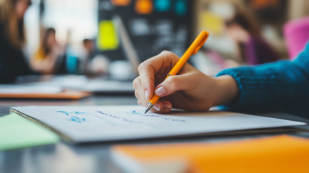 A close-up of a hand writing comments and opinions on a notepad during a brainstorming session, with a background of collaborative meeting space.の素材