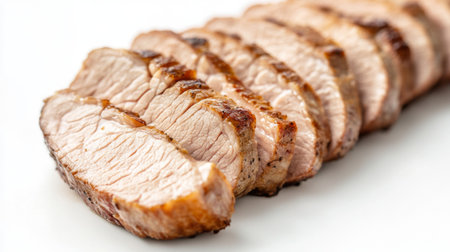 A close-up of sliced pork tenderloin on a white background, highlighting the tender, juicy meat and its preparation for a gourmet dish.の素材