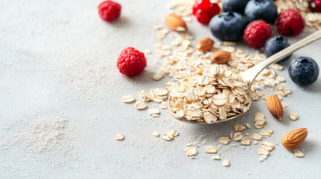 A close-up of rolled oats and a spoon, with a sprinkling of fresh berries and nuts on a white surface, highlighting the nutritious and versatile nature of the grains.の素材