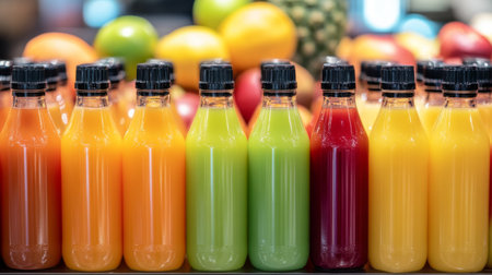A colorful variety of fruit juices lined up on a counter, including orange, apple, and carrot juice, with matching fruits displayed in the background.の素材