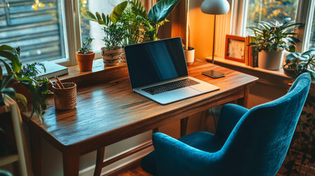 A cozy home office setup featuring a wooden desk with a comfortable chair, a laptop, and personal touches like plants and a desk lampの素材