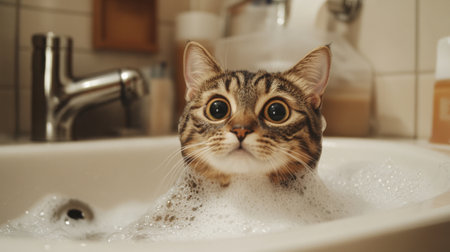 A cute cat being gently bathed in a sink, with bubbles and water, showcasing the calm and careful approach to keeping pets clean.の素材