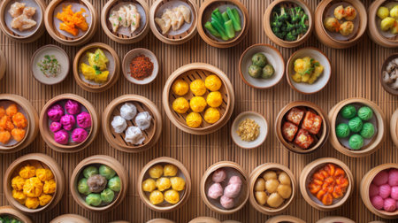 A colorful assortment of dim sum dishes, including vibrant siu mai and freshly steamed bao buns, served on a traditional bamboo mat with a neutral backdrop.の素材