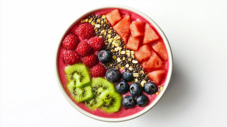 A colorful smoothie bowl topped with watermelon chunks, berries, and seeds, set against a clean white background to highlight the fresh, healthy ingredients.の素材