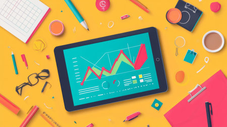 A colorful financial line graph on a tablet screen, with various data points showing trends and changes in market dynamics, surrounded by office supplies.の素材