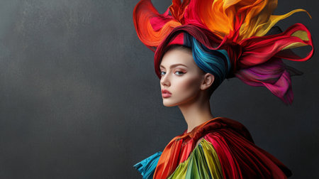 A creative and artistic hairstyle featuring vibrant colors and unique shapes, showcased on a model in a studio setting to emphasize the bold and fashion-forward look.の素材