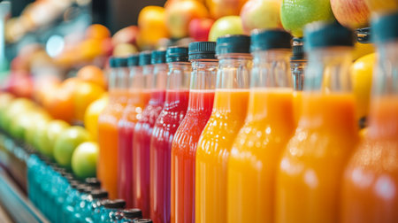 A colorful variety of fruit juices lined up on a counter, including orange, apple, and carrot juice, with matching fruits displayed in the background.の素材