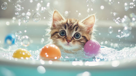 A cute kitten playing with floating toys in a water-filled bathtub, with bubbles and water droplets adding to the playful atmosphere.の素材