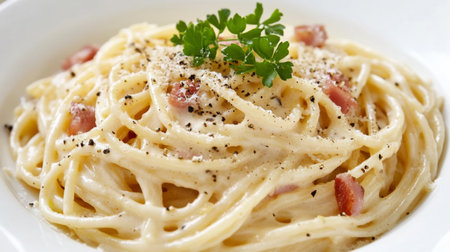 A delicious Italian carbonara pasta with creamy sauce, pancetta, and black pepper, served in a white bowl with a simple white background for a classic presentation.の素材
