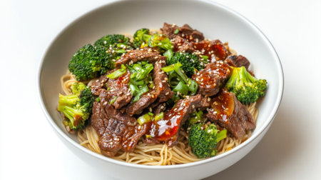 A detailed shot of a noodle dish featuring beef, broccoli, and a flavorful sauce, served in a white bowl and presented against a minimalist white backdrop.の素材