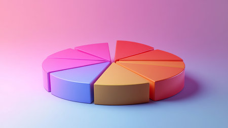 A dynamic 3D pie chart in gradient colors with each segment popping out slightly, symbolizing business divisions and their respective shares.の素材