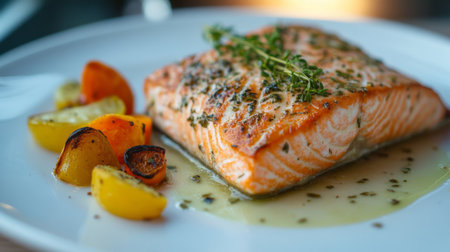 A delicious salmon fillet baked with herbs and spices, served with a side of roasted vegetables, presented on a white ceramic plate for a clean, elegant presentation.の素材