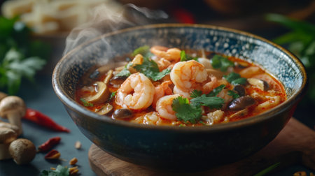 A delicious serving of tom yum goong with shrimp, mushrooms, and fresh herbs, presented in a bowl with a backdrop of Thai ingredients and a hint of steam.の素材