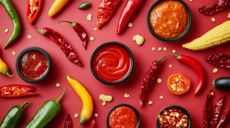 A flat lay of different chili-based condiments, such as chili paste, hot sauce, and pickled peppers, with a focus on their textures and vibrant colors.の素材