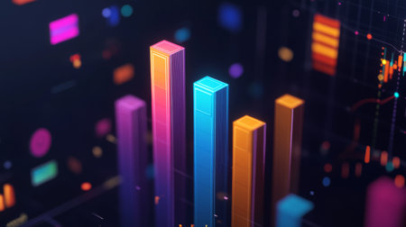 A detailed 3D bar graph with different colored bars rising and falling, set against a dark background with financial icons in the backdrop.の素材