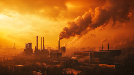 A factory emitting thick clouds of smoke into the atmosphere, with a backdrop of an intense orange sky, symbolizing industrial pollution and global warming.の素材