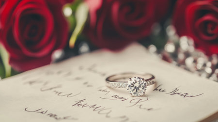 A diamond ring placed alongside a handwritten love letter and a bouquet of roses, creating a classic and romantic setting for a proposalの素材