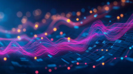A dynamic 3D graph with curved lines and glowing data points, symbolizing business growth and futuristic financial forecasting.の素材