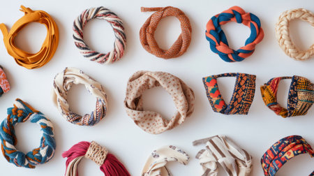A flat lay of headbands in different styles, such as knotted, braided, and embellished, displayed on a white surface to highlight their diverse designs.の素材