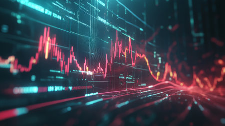 A futuristic stock market graph with moving lines and candlesticks, symbolizing high-frequency trading, market trends, and stock volatilityの素材