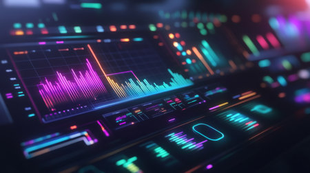 A futuristic 3D graph on a digital dashboard, with neon-colored bars and lines representing market performance and analytics.の素材