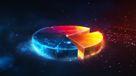 A glowing 3D pie chart rotating in space, with vivid colors and separated segments representing different financial categories and shares.の素材