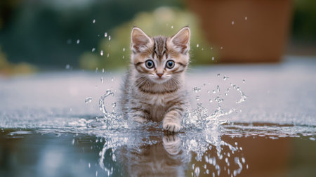 A kitten sitting in a shallow puddle after a rain shower, with its reflection visible and playful splashes as it moves around.の素材