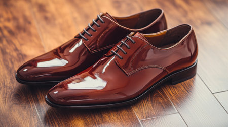 A pair of elegant dress shoes with a glossy finish, placed on a stylish wooden floor in a sophisticated setting, emphasizing their classic fashion appeal.の素材