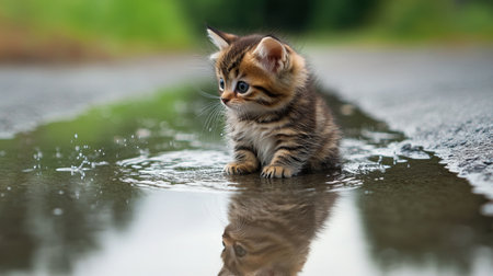 A kitten sitting in a shallow puddle after a rain shower, with its reflection visible and playful splashes as it moves around.の素材