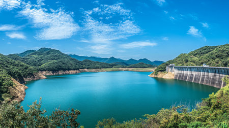 A panoramic view of a large water reservoir dam with a full lake, surrounded by lush green mountains and a clear blue sky.の素材