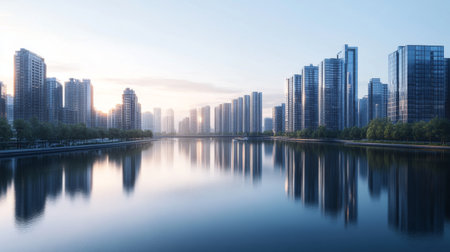A panoramic view of sleek high-rise buildings lining a river, with reflections on the water and a clear sky, capturing the modern cityscape and tranquil waterway.の素材